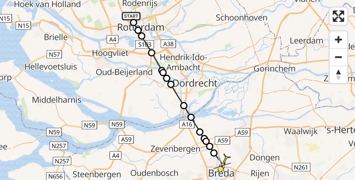 Routekaart van de vlucht: Lifeliner 2 naar Breda