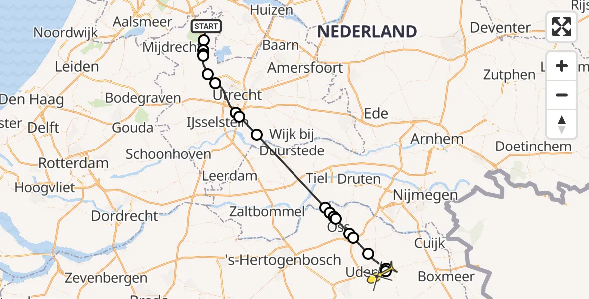 Routekaart van de vlucht: Politieheli naar Vliegbasis Volkel