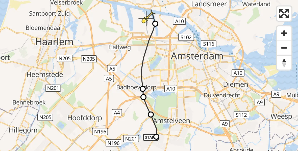 Routekaart van de vlucht: Lifeliner 1 naar Amsterdam Heliport