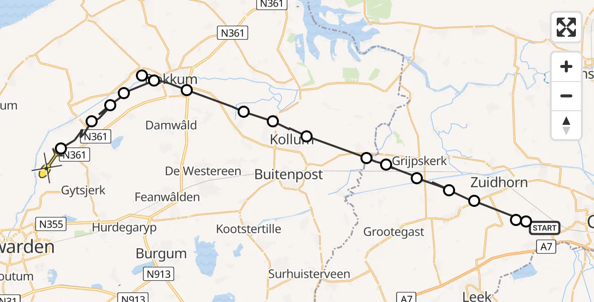 Routekaart van de vlucht: Ambulanceheli naar Wyns