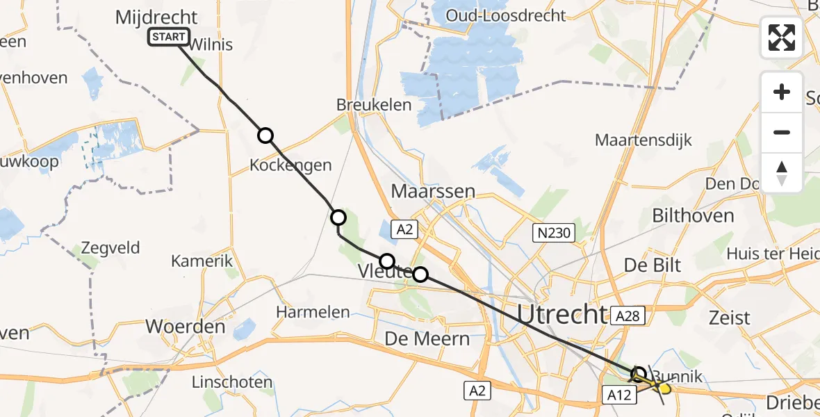 Routekaart van de vlucht: Politiehelikopter naar Bunnik