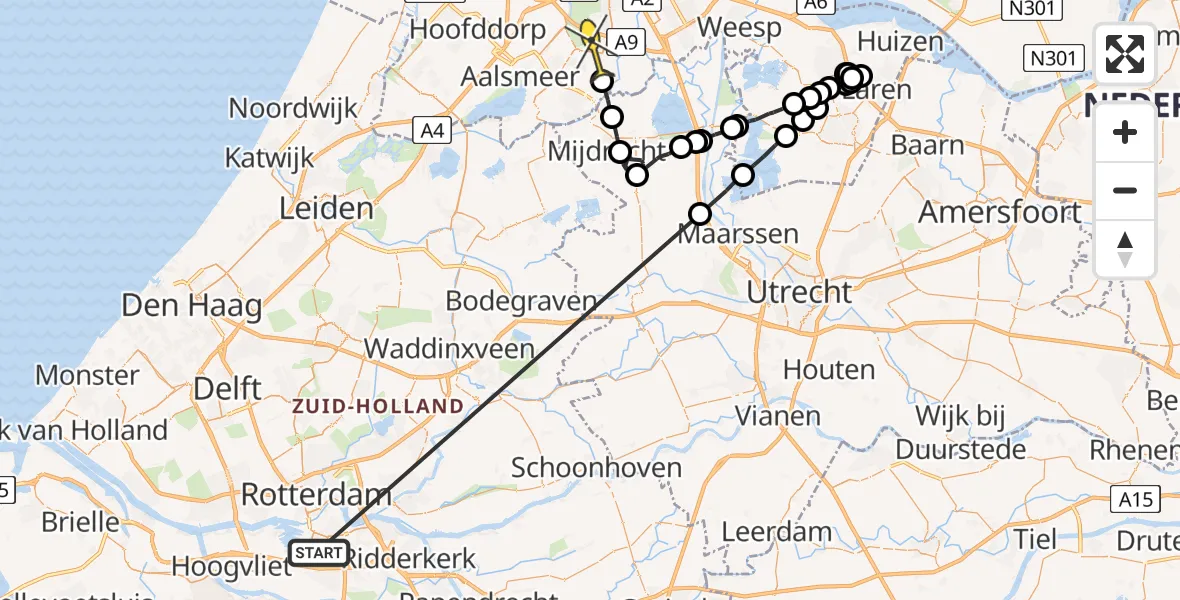 Routekaart van de vlucht: Politieheli naar Amstelveen