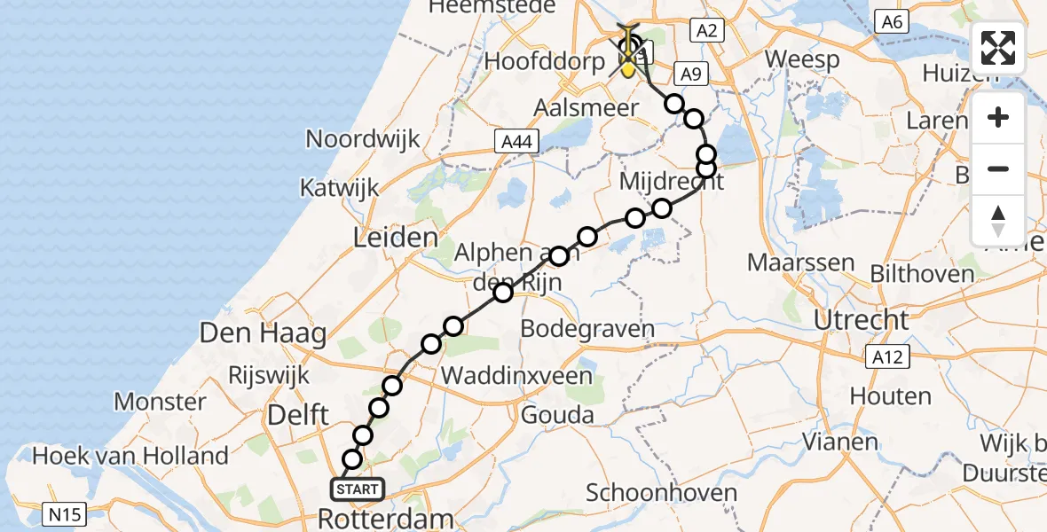 Routekaart van de vlucht: Politieheli naar Schiphol