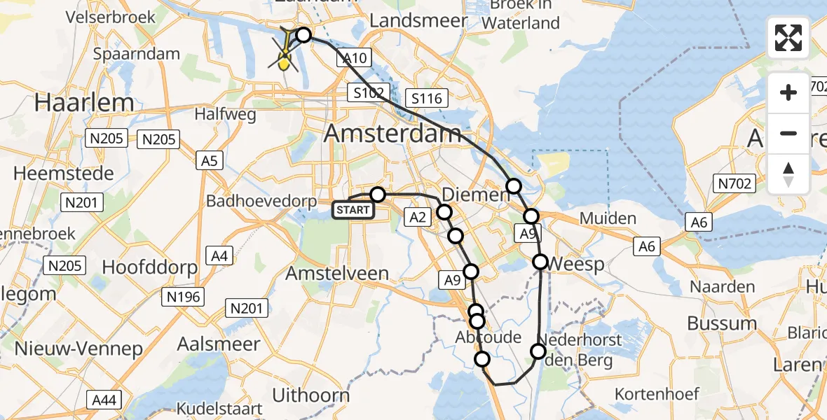 Routekaart van de vlucht: Lifeliner 1 naar Amsterdam Heliport