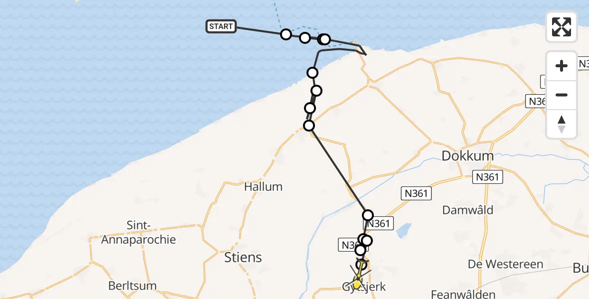 Routekaart van de vlucht: Ambulanceheli naar Oentsjerk