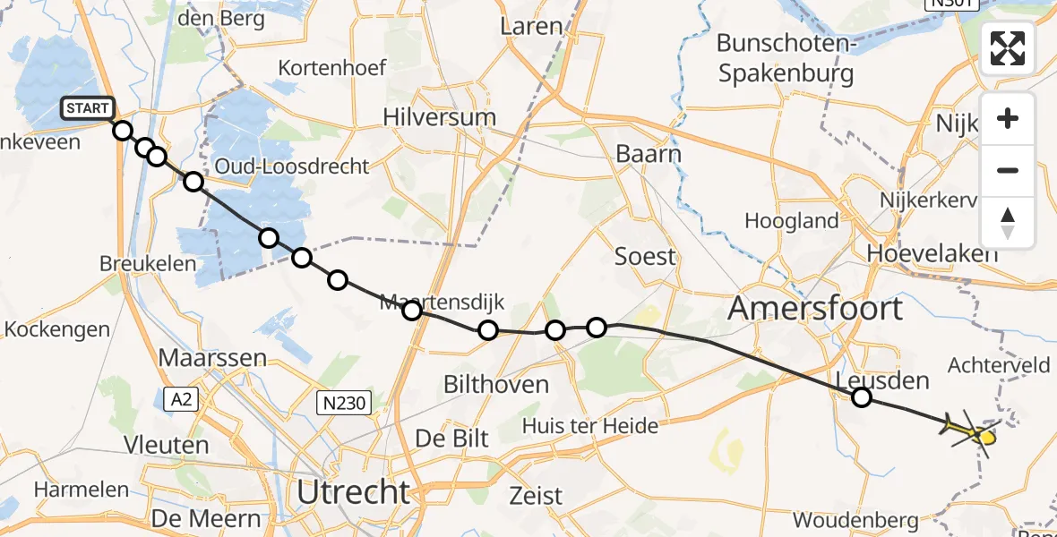 Routekaart van de vlucht: Politiehelikopter naar Woudenberg