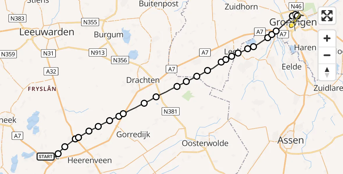 Routekaart van de vlucht: Lifeliner 4 naar Universitair Medisch Centrum Groningen