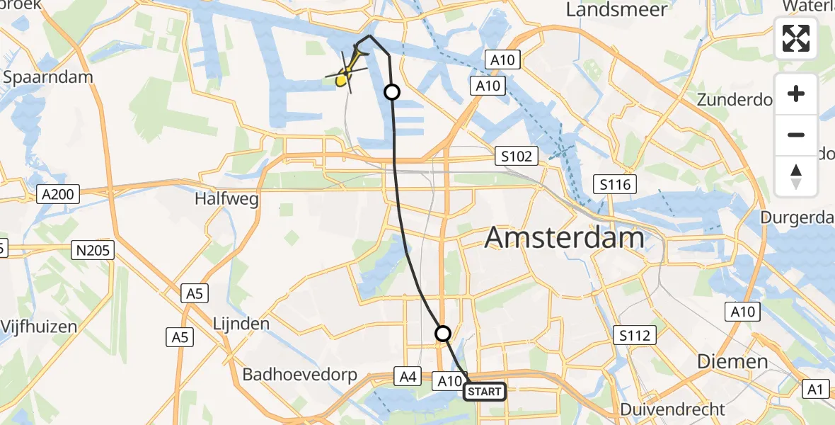 Routekaart van de vlucht: Lifeliner 1 naar Amsterdam Heliport