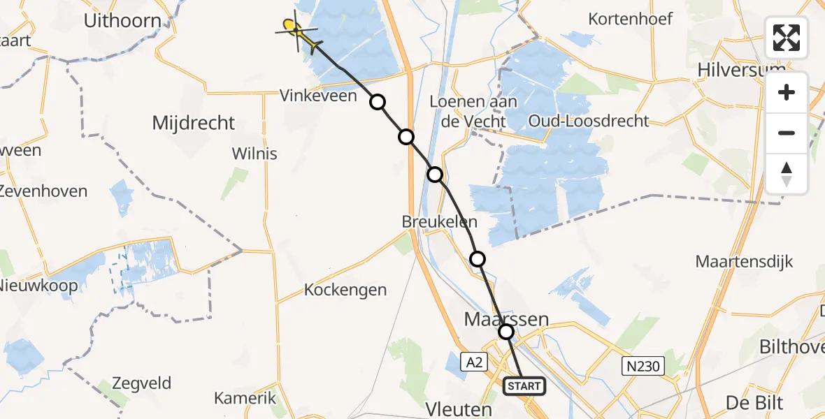 Routekaart van de vlucht: Politieheli naar Waverveen