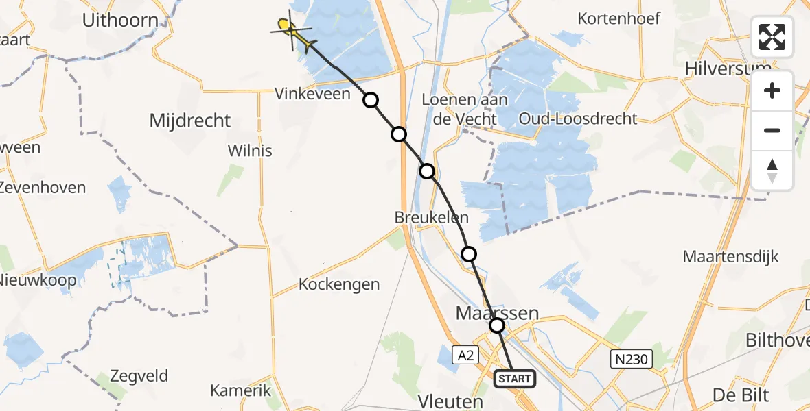 Routekaart van de vlucht: Politiehelikopter naar Waverveen