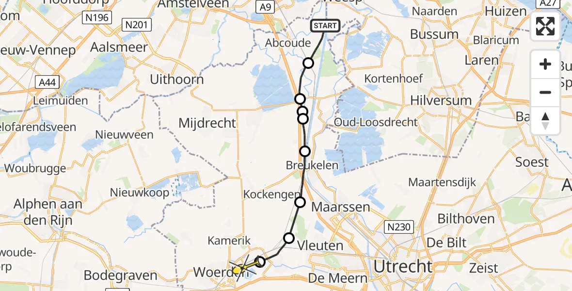 Routekaart van de vlucht: Politieheli naar Woerden