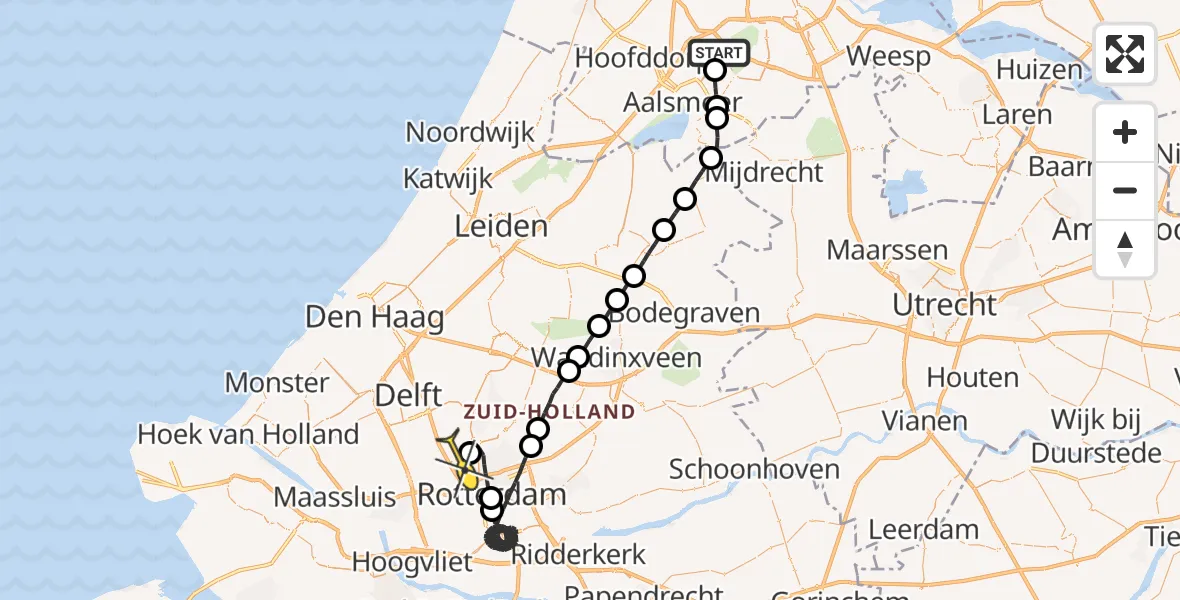 Routekaart van de vlucht: Politieheli naar Rotterdam The Hague Airport