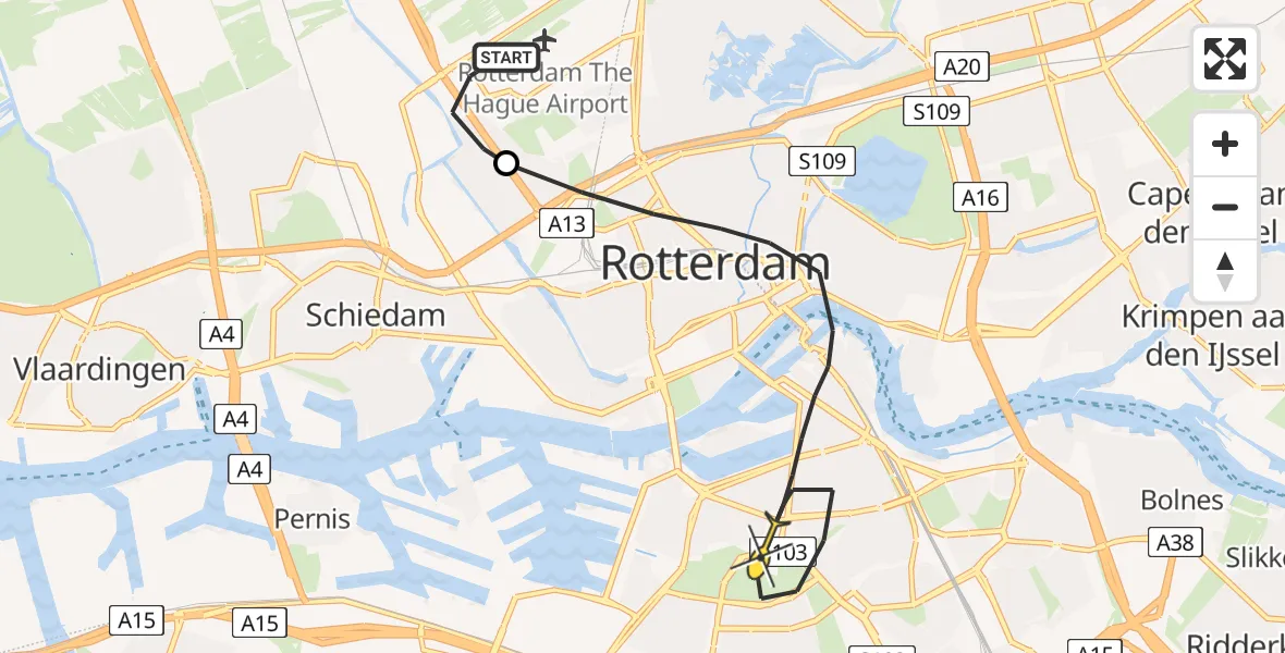 Vluchtroute Politiehelikopter van Rotterdam The Hague Airport naar Rotterdam