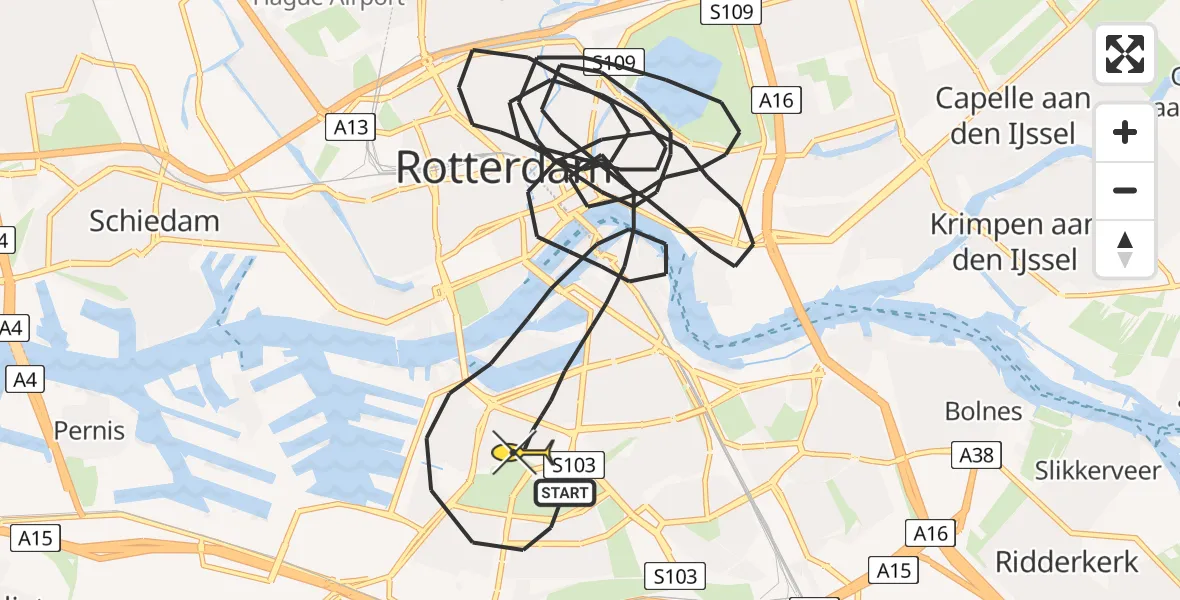 Vluchtroute Politiehelikopter van Rotterdam naar Rotterdam
