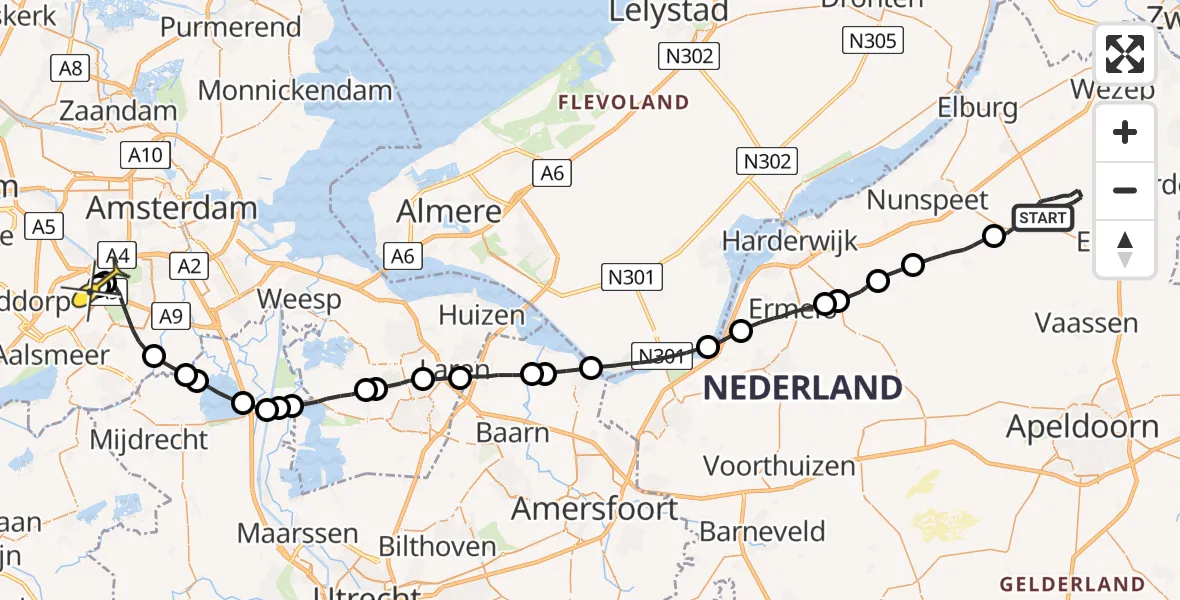 Routekaart van de vlucht: Politiehelikopter naar Schiphol