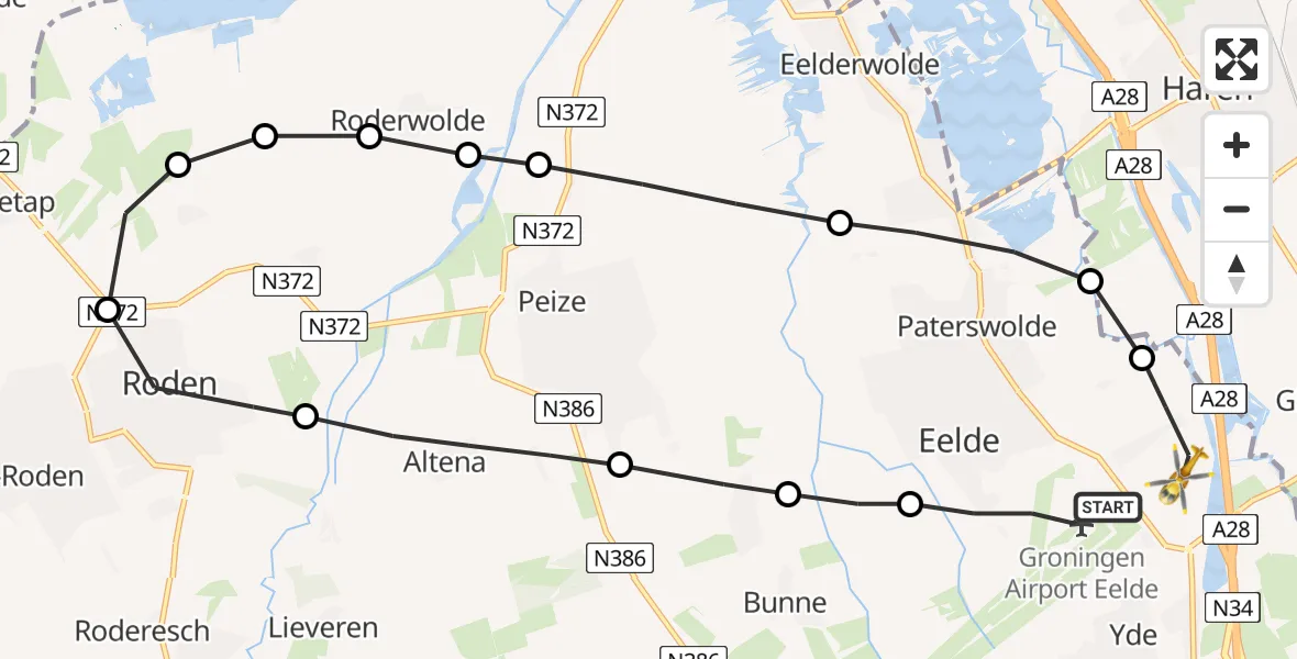Vluchtroute Traumahelikopter van Groningen Airport Eelde naar Eelde