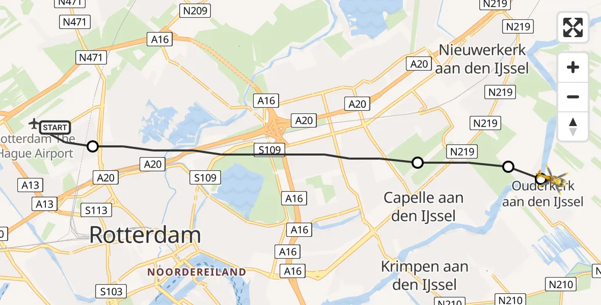 Vluchtroute Traumahelikopter Rotterdam The Hague Airport - Ouderkerk aan den IJssel, 11 november 2022, 08:45
