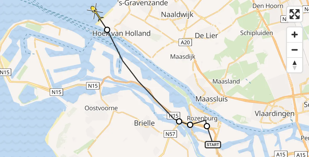 Routekaart van de vlucht: Politiehelikopter naar Hoek van Holland