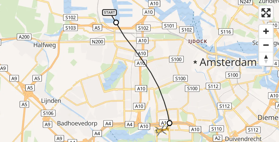 Vluchtroute Traumahelikopter Amsterdam Heliport - VU Medisch Centrum Amsterdam, 11 november 2022, 14:56