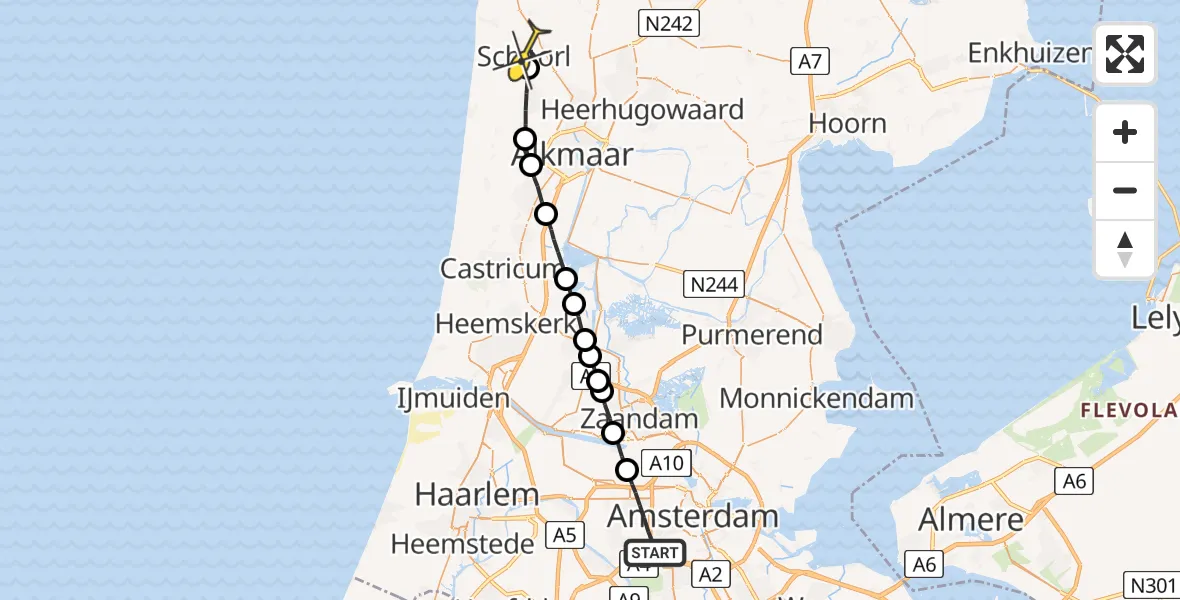 Routekaart van de vlucht: Lifeliner 1 naar Schoorl