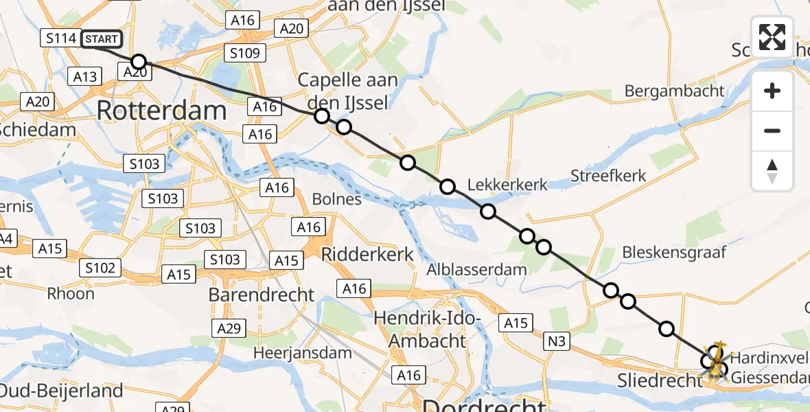 Vluchtroute Traumahelikopter Rotterdam The Hague Airport - Hardinxveld-Giessendam, 11 november 2022, 16:20
