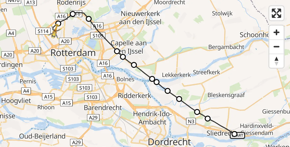 Vluchtroute Traumahelikopter Hardinxveld-Giessendam - Rotterdam The Hague Airport, 11 november 2022, 16:47