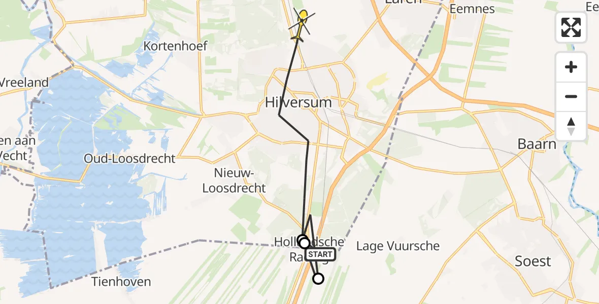 Routekaart van de vlucht: Politieheli naar Hilversum