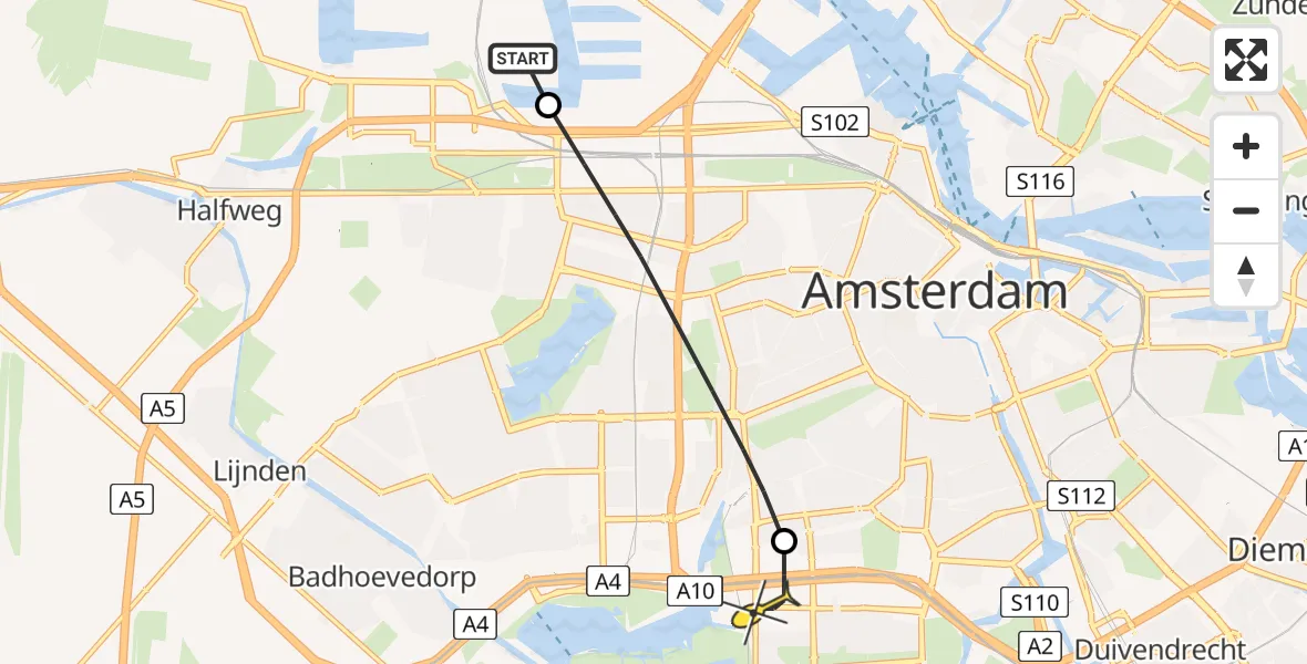 Routekaart van de vlucht: Lifeliner 1 naar VU Medisch Centrum Amsterdam