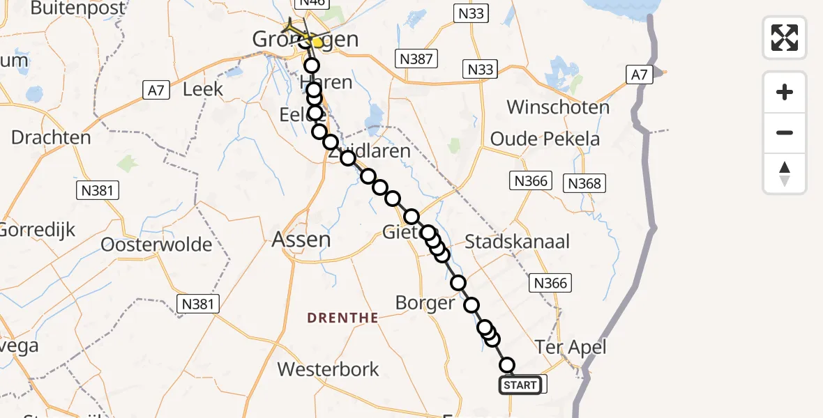 Routekaart van de vlucht: Lifeliner 4 naar Universitair Medisch Centrum Groningen