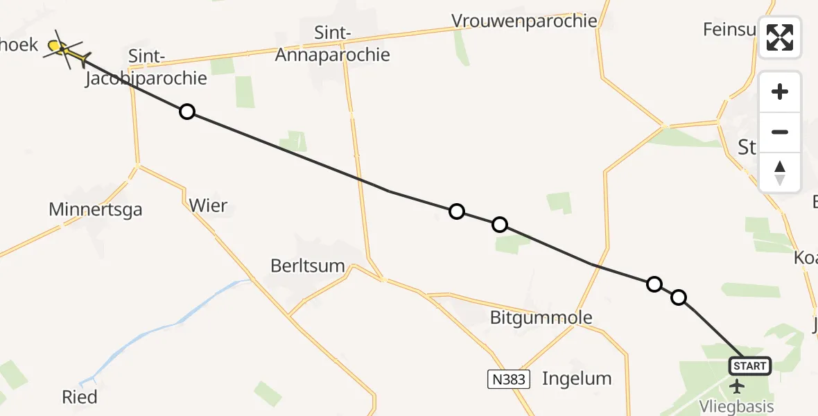 Routekaart van de vlucht: Ambulancehelikopter naar Westhoek