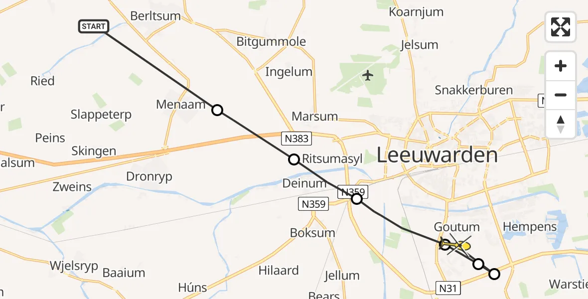 Routekaart van de vlucht: Ambulancehelikopter naar Goutum