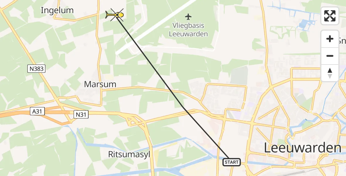Vluchtroute Ambulancehelikopter van Leeuwarden naar Leeuwarden