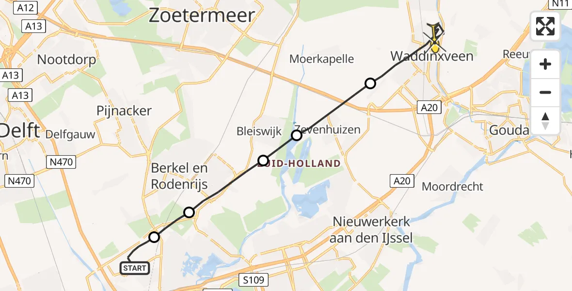 Routekaart van de vlucht: Lifeliner 2 naar Waddinxveen