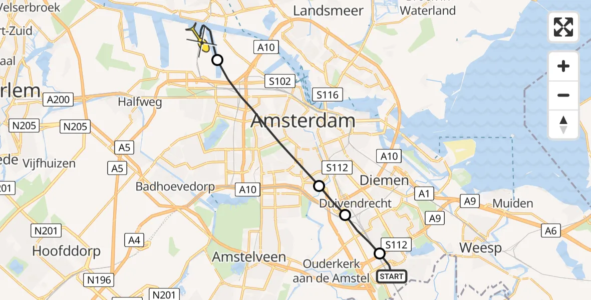 Routekaart van de vlucht: Lifeliner 1 naar Amsterdam Heliport