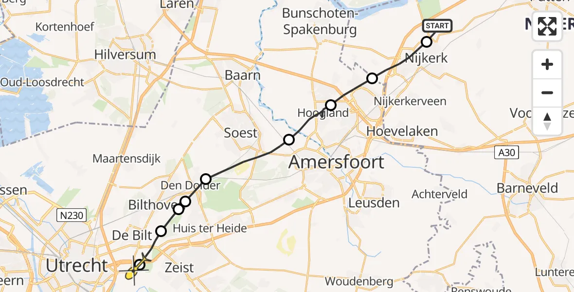 Routekaart van de vlucht: Lifeliner 3 naar Universitair Medisch Centrum Utrecht