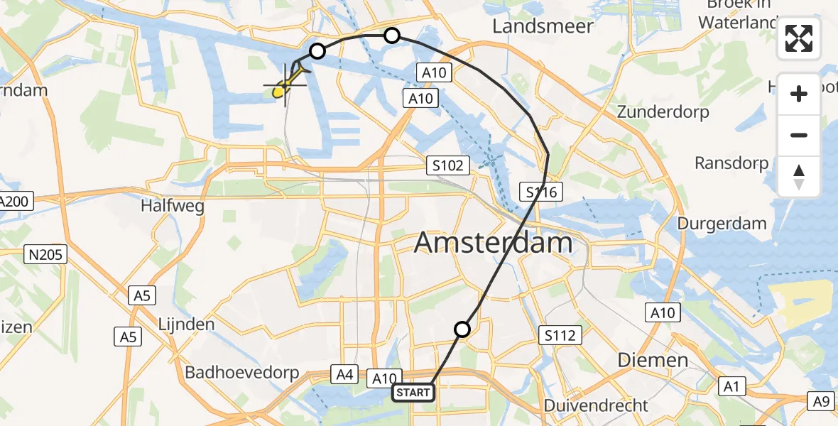 Routekaart van de vlucht: Lifeliner 1 naar Amsterdam Heliport