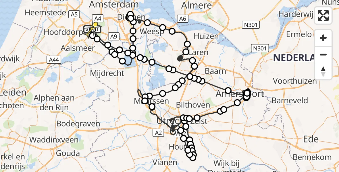 Routekaart van de vlucht: Politieheli naar Schiphol