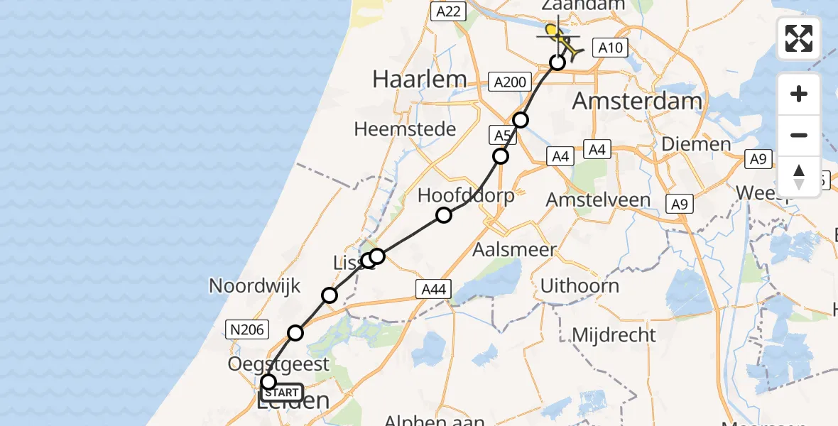 Routekaart van de vlucht: Lifeliner 1 naar Amsterdam Heliport