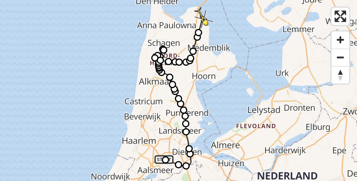 Routekaart van de vlucht: Politieheli naar Wieringerwerf