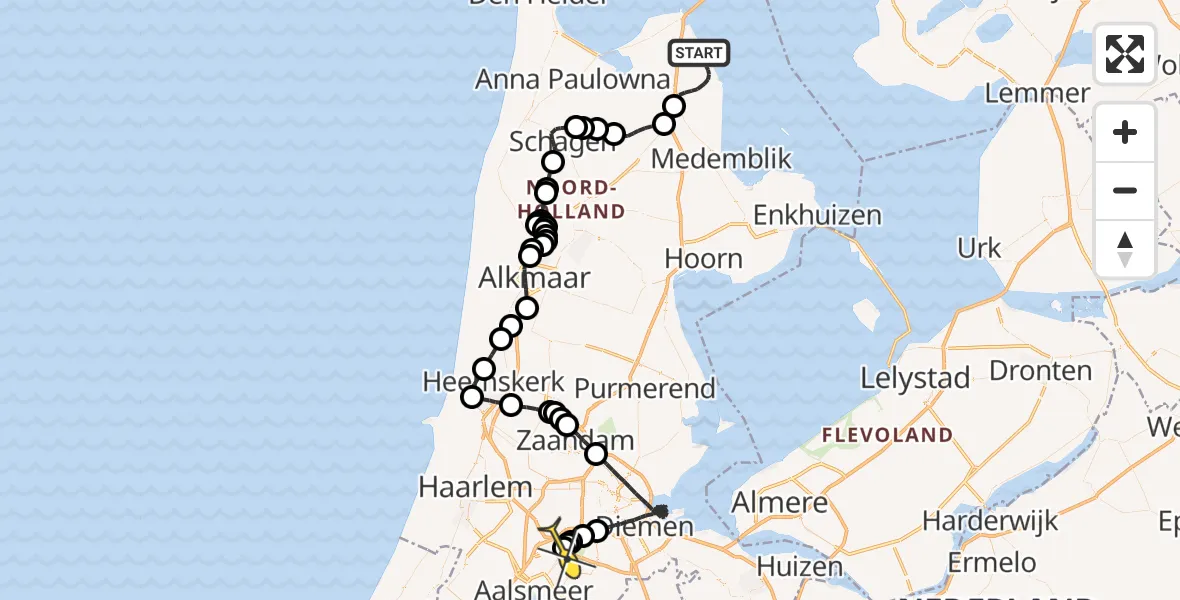 Routekaart van de vlucht: Politieheli naar Schiphol