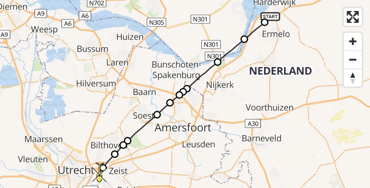 Routekaart van de vlucht: Lifeliner 1 naar Universitair Medisch Centrum Utrecht