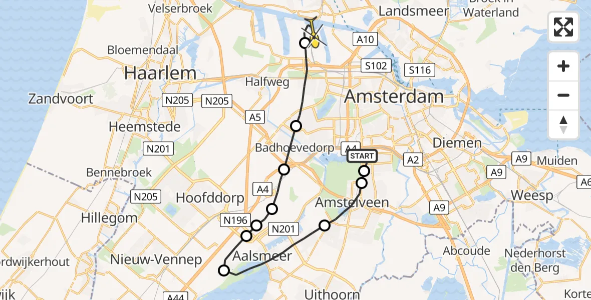 Routekaart van de vlucht: Lifeliner 1 naar Amsterdam Heliport