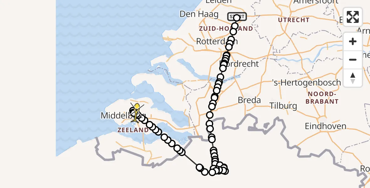 Routekaart van de vlucht: Politiehelikopter naar Vliegveld Midden-Zeeland