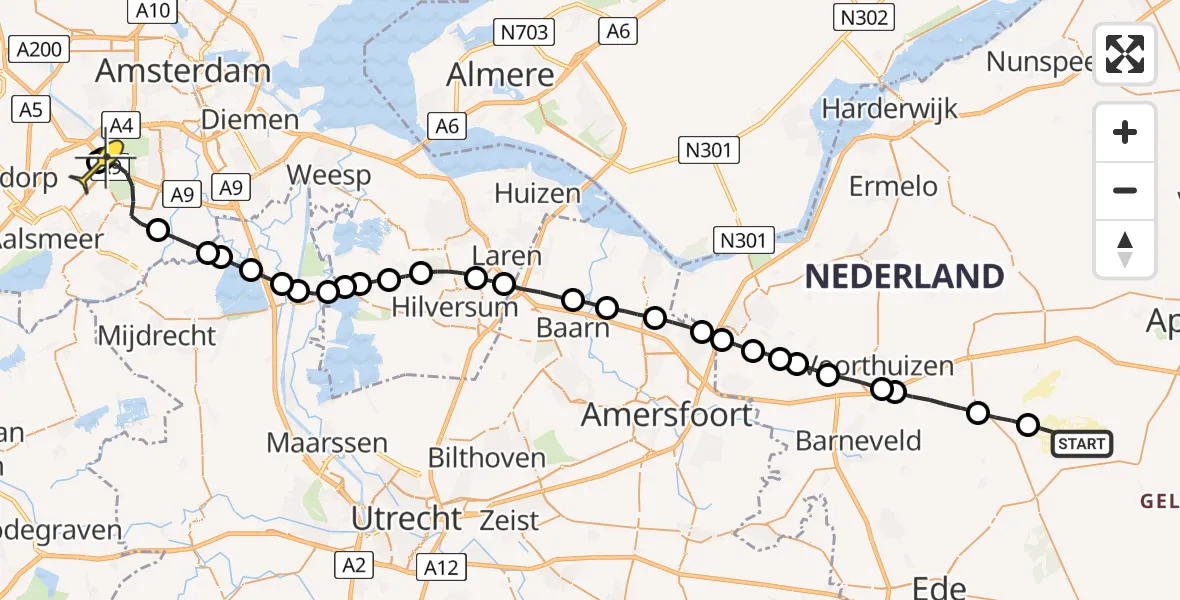 Routekaart van de vlucht: Politiehelikopter naar Schiphol