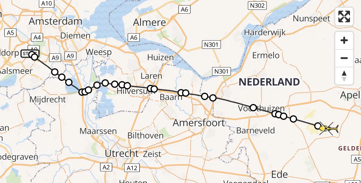Routekaart van de vlucht: Politiehelikopter naar Harskamp