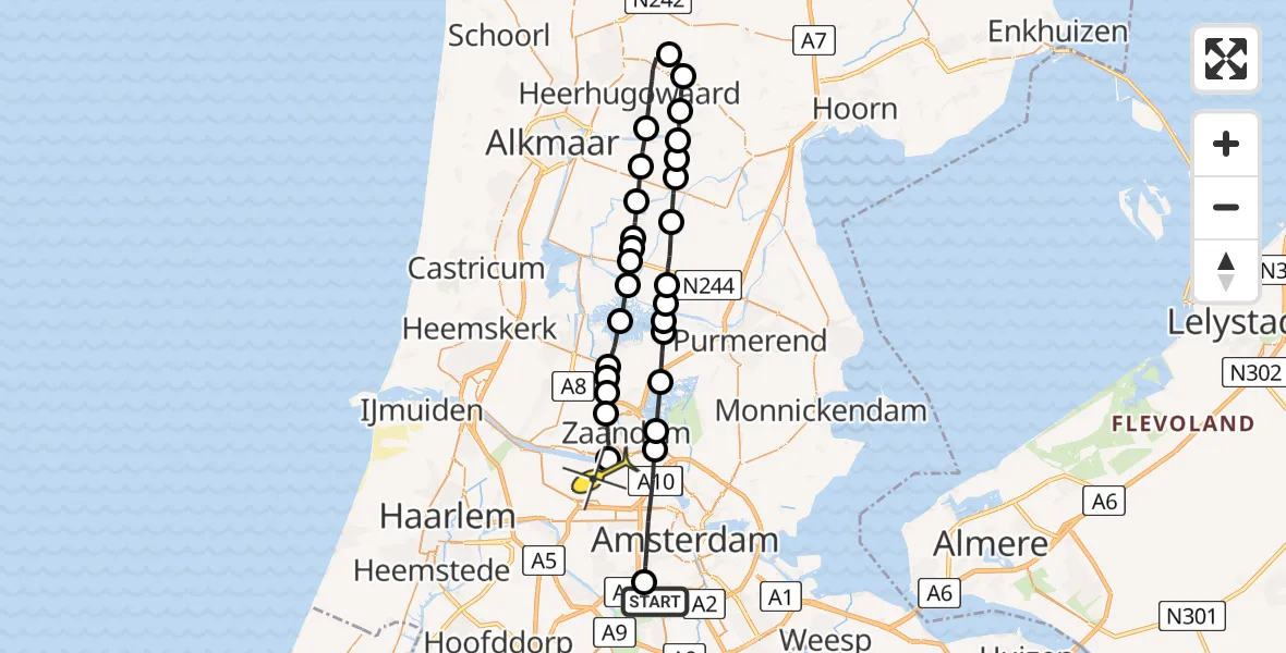 Routekaart van de vlucht: Lifeliner 1 naar Amsterdam Heliport