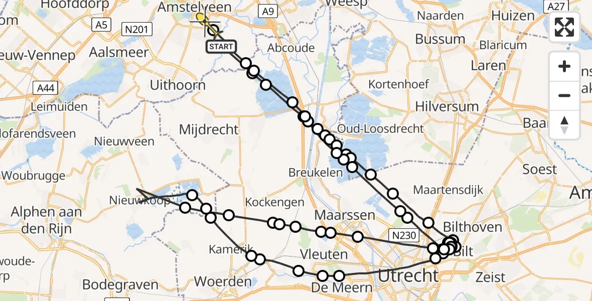 Routekaart van de vlucht: Politieheli naar Amstelveen