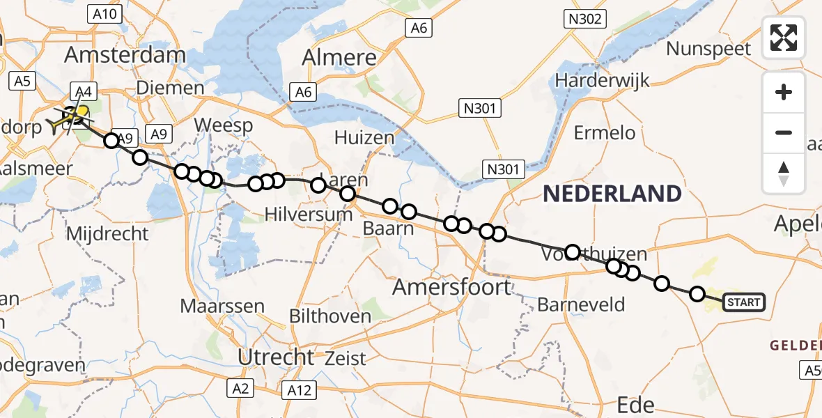 Routekaart van de vlucht: Politieheli naar Schiphol