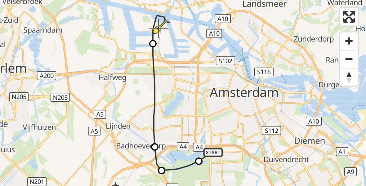 Routekaart van de vlucht: Lifeliner 1 naar Amsterdam Heliport