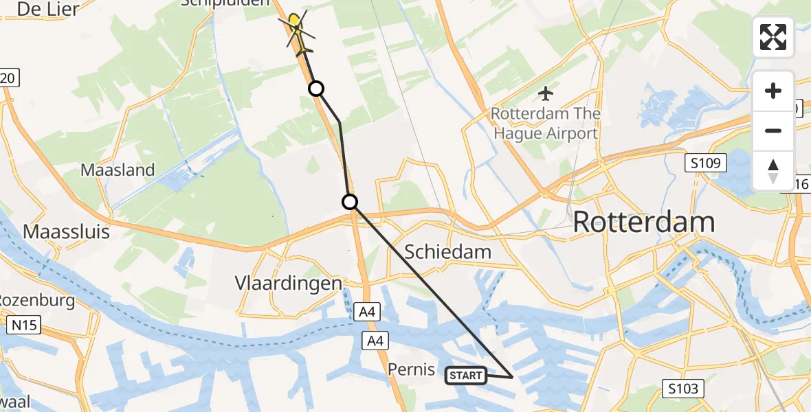 Routekaart van de vlucht: Politieheli naar Schipluiden